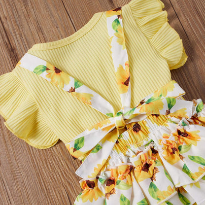 Infant Newborn Baby Girl Floral Summer Outfits Ruffle Sleeve Ribbed T-Shirt and Suspender Shorts with Headband