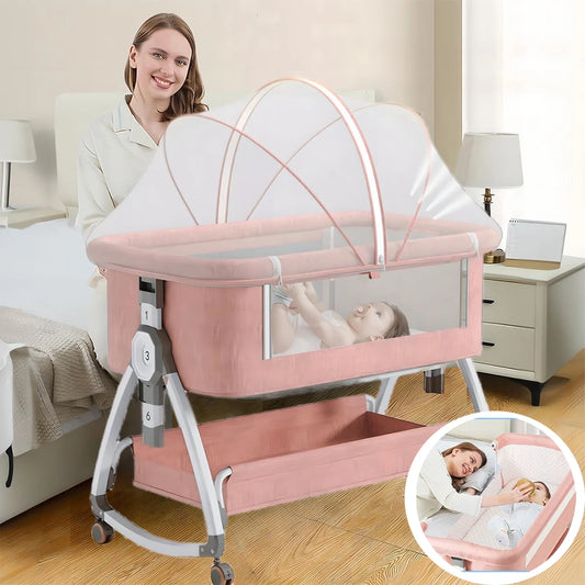 Folding Baby Bassinet Bedside Bassinet Travel Crib with Wheels, Pink