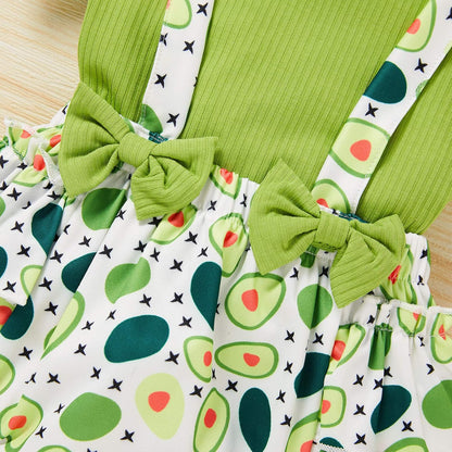 Baby Girls Summer Clothes Knit Short Sleeve Top Bowknot Suspender Floral Ruffle Bloomer Headband Outfit Sets (Avocado, 12-18 Months)