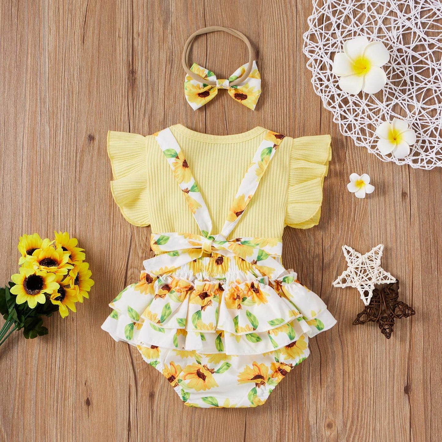 Infant Newborn Baby Girl Floral Summer Outfits Ruffle Sleeve Ribbed T-Shirt and Suspender Shorts with Headband