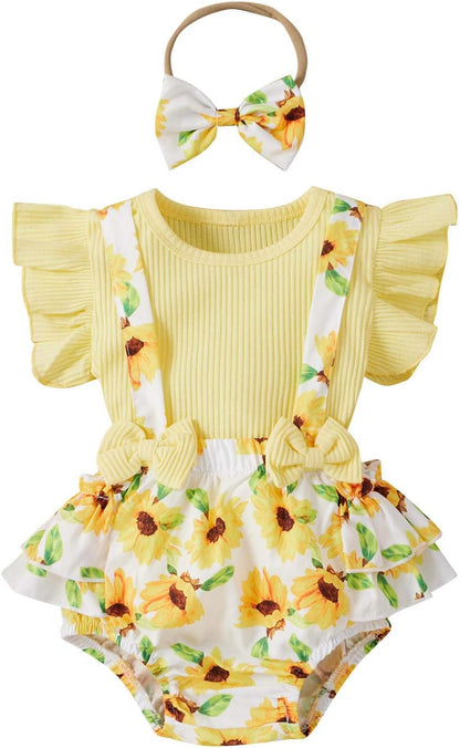 Infant Newborn Baby Girl Floral Summer Outfits Ruffle Sleeve Ribbed T-Shirt and Suspender Shorts with Headband