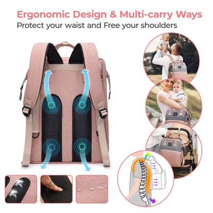 Baby Diaper Bag Backpack, Large Capacity Pamper Bags with Foldable Changing Station, Diaper Bag Organizing Pouches, Multifunctional Travel Back Pack for Moms and Dads, USB Charging Port