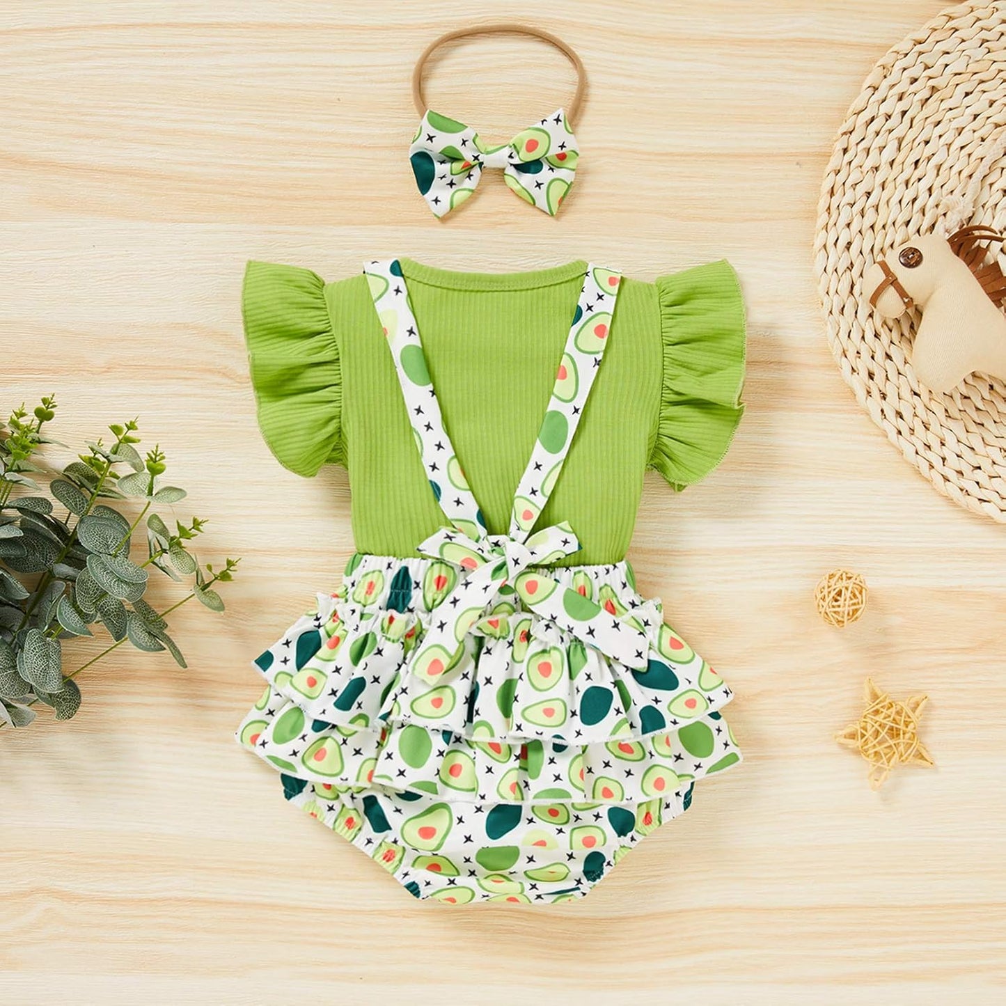 Baby Girls Summer Clothes Knit Short Sleeve Top Bowknot Suspender Floral Ruffle Bloomer Headband Outfit Sets (Avocado, 12-18 Months)