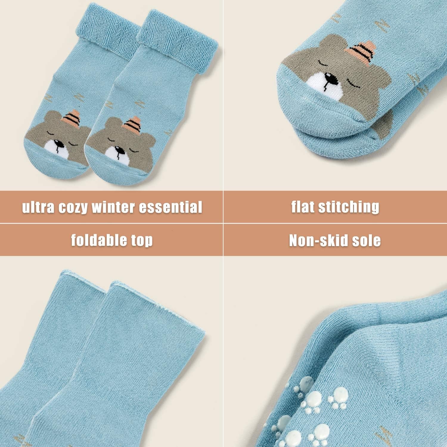 Baby Warm Socks with Grips for Baby Boys Non Slip Winter Socks Baby Girls Thick Crew Socks 6 Pack 6-12 Months