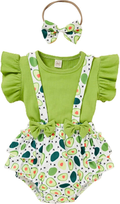 Baby Girls Summer Clothes Knit Short Sleeve Top Bowknot Suspender Floral Ruffle Bloomer Headband Outfit Sets (Avocado, 12-18 Months)