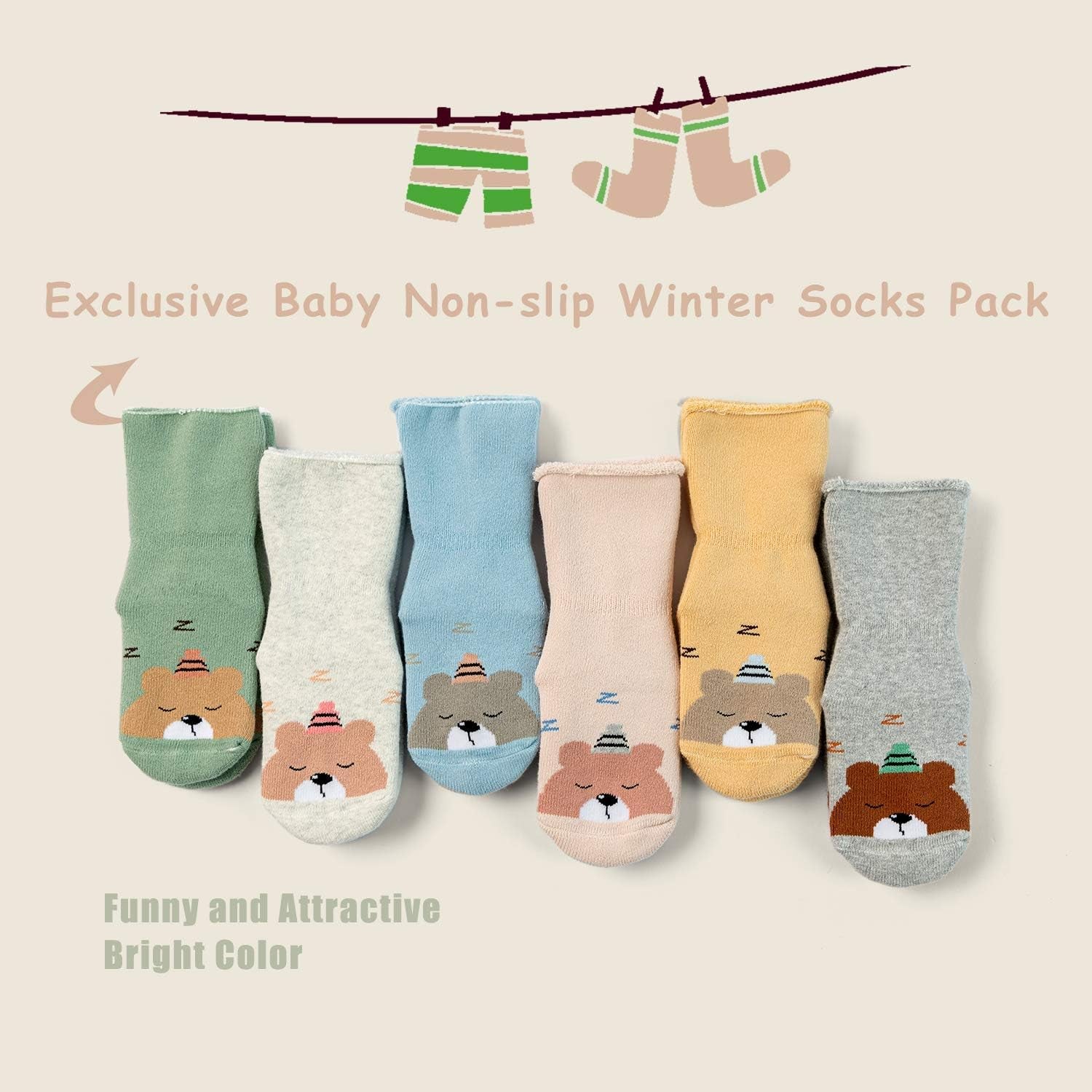 Baby Warm Socks with Grips for Baby Boys Non Slip Winter Socks Baby Girls Thick Crew Socks 6 Pack 6-12 Months