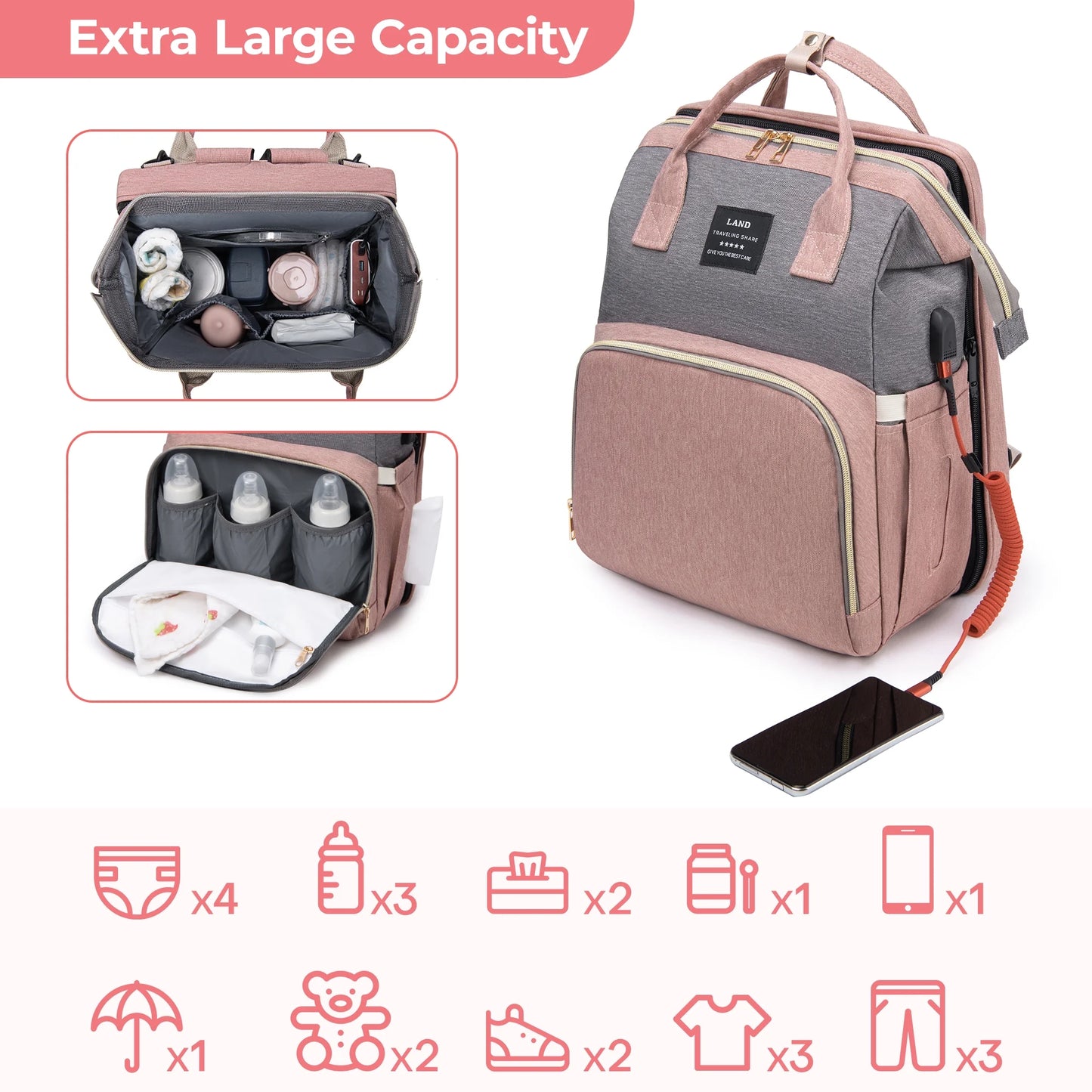 Baby Diaper Bag Backpack, Large Capacity Pamper Bags with Foldable Changing Station, Diaper Bag Organizing Pouches, Multifunctional Travel Back Pack for Moms and Dads, USB Charging Port