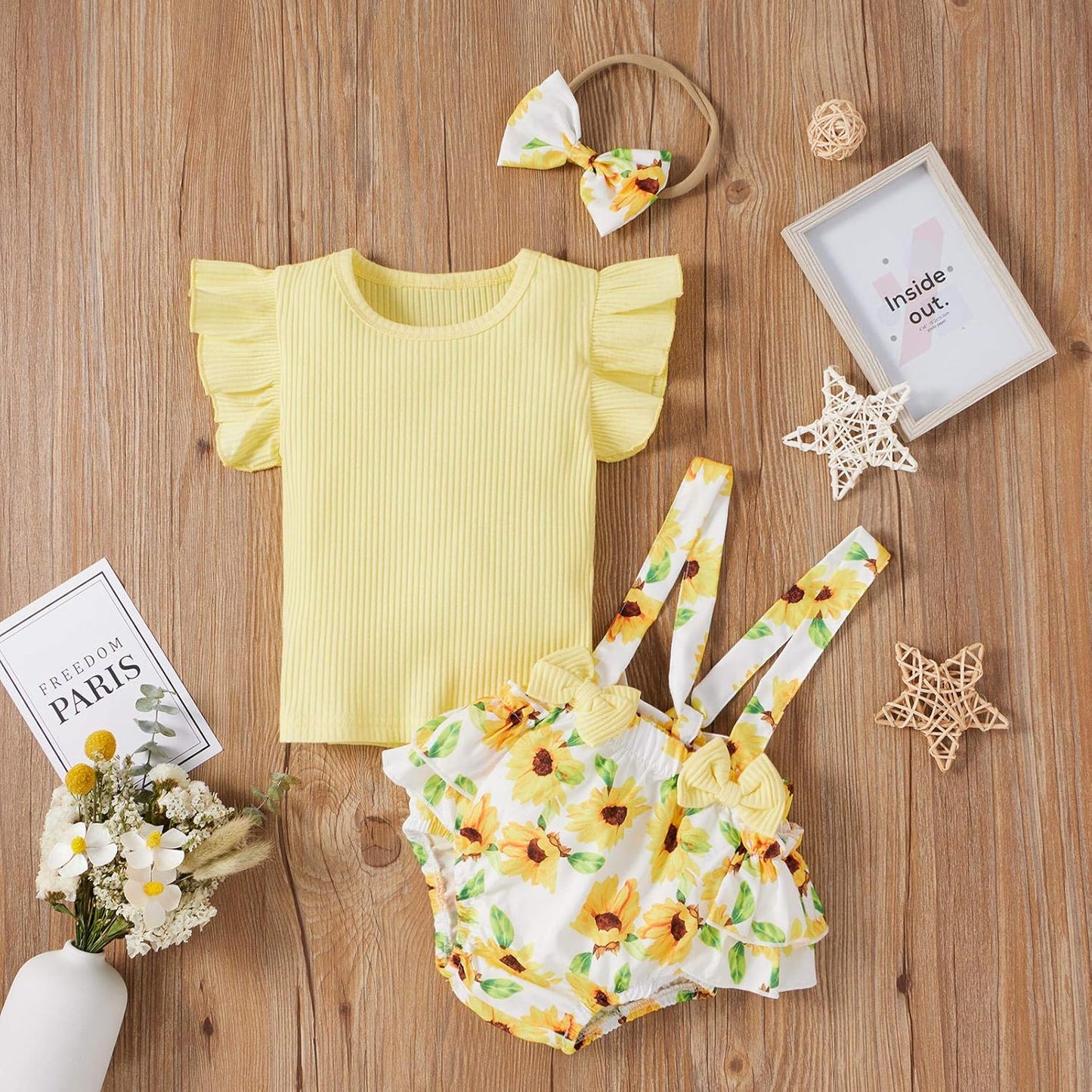 Infant Newborn Baby Girl Floral Summer Outfits Ruffle Sleeve Ribbed T-Shirt and Suspender Shorts with Headband