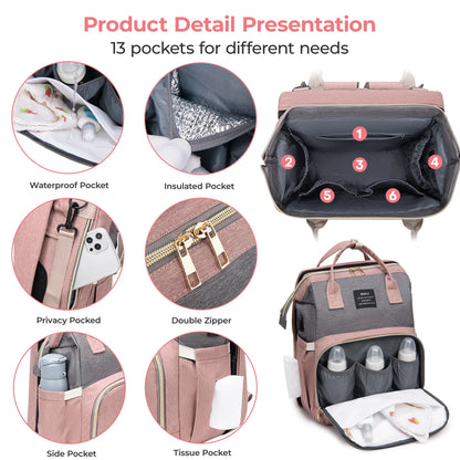 Baby Diaper Bag Backpack, Large Capacity Pamper Bags with Foldable Changing Station, Diaper Bag Organizing Pouches, Multifunctional Travel Back Pack for Moms and Dads, USB Charging Port