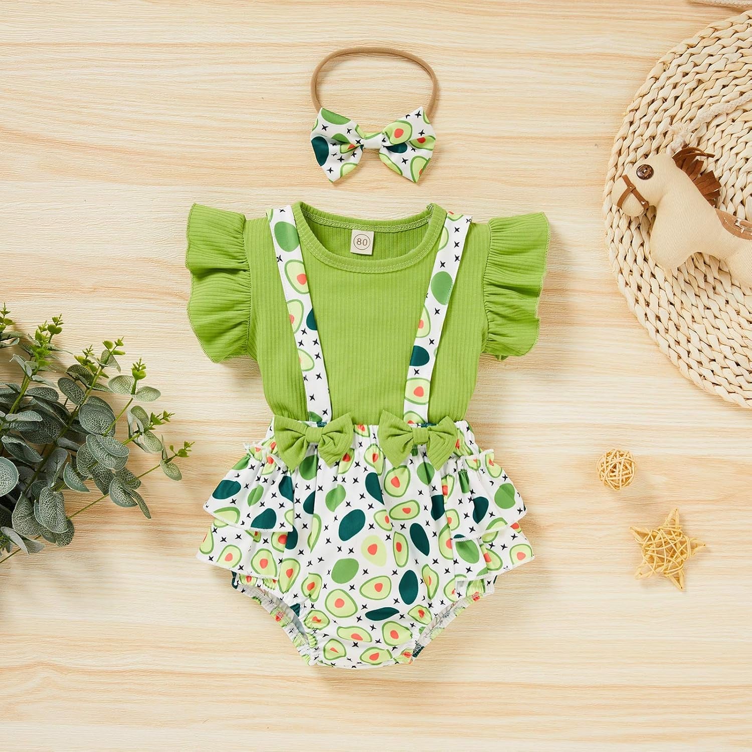 Baby Girls Summer Clothes Knit Short Sleeve Top Bowknot Suspender Floral Ruffle Bloomer Headband Outfit Sets (Avocado, 12-18 Months)