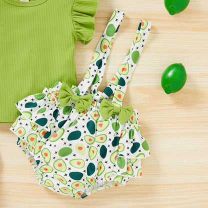 Baby Girls Summer Clothes Knit Short Sleeve Top Bowknot Suspender Floral Ruffle Bloomer Headband Outfit Sets (Avocado, 12-18 Months)