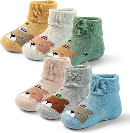 Baby Warm Socks with Grips for Baby Boys Non Slip Winter Socks Baby Girls Thick Crew Socks 6 Pack 6-12 Months