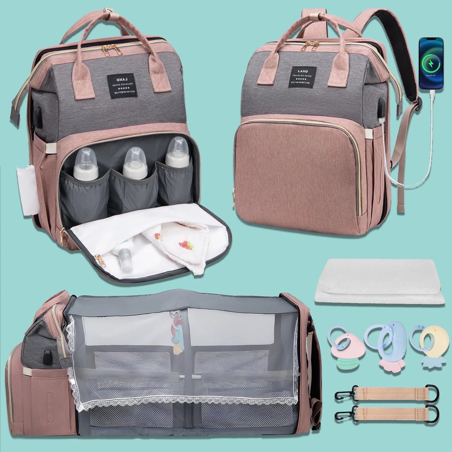 Baby Diaper Bag Backpack, Large Capacity Pamper Bags with Foldable Changing Station, Diaper Bag Organizing Pouches, Multifunctional Travel Back Pack for Moms and Dads, USB Charging Port