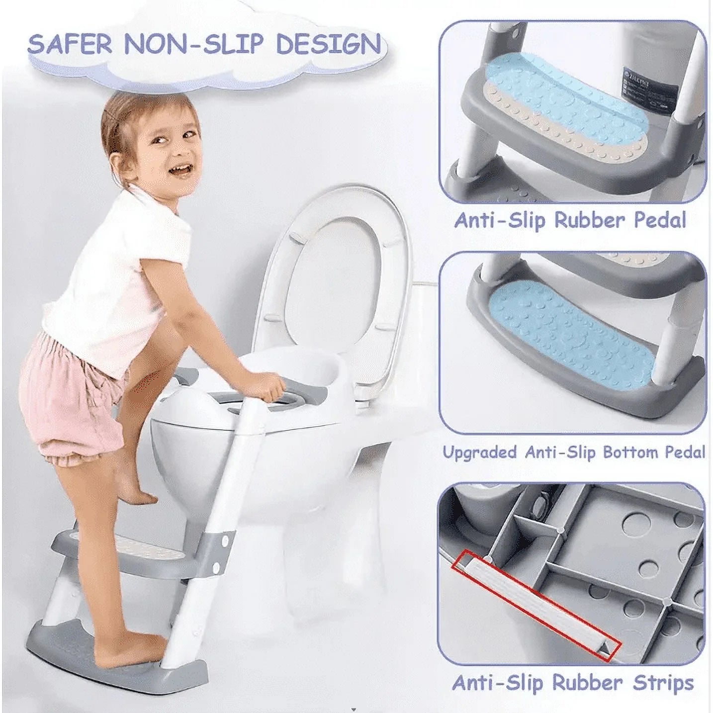 Potty Training Seat with Step Stool Ladder, Foldable Training Seat with Handles, Height Adjustable for Toddlers (Gray)