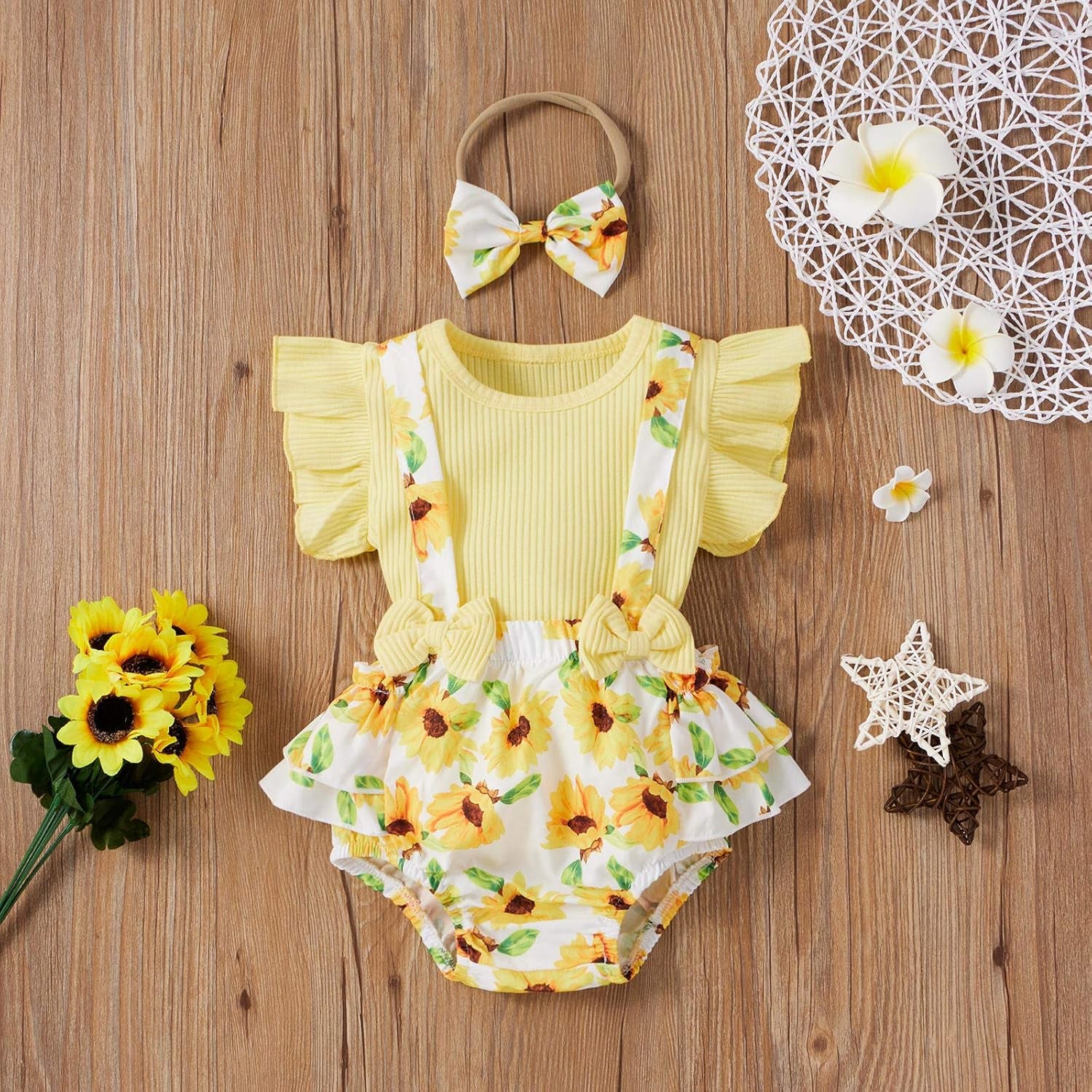 Infant Newborn Baby Girl Floral Summer Outfits Ruffle Sleeve Ribbed T-Shirt and Suspender Shorts with Headband