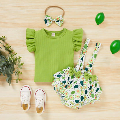 Baby Girls Summer Clothes Knit Short Sleeve Top Bowknot Suspender Floral Ruffle Bloomer Headband Outfit Sets (Avocado, 12-18 Months)