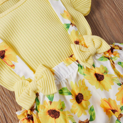 Infant Newborn Baby Girl Floral Summer Outfits Ruffle Sleeve Ribbed T-Shirt and Suspender Shorts with Headband