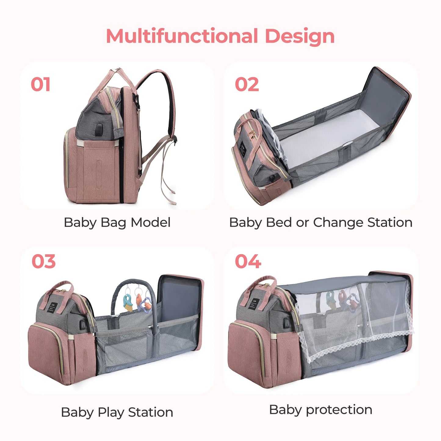 Baby Diaper Bag Backpack, Large Capacity Pamper Bags with Foldable Changing Station, Diaper Bag Organizing Pouches, Multifunctional Travel Back Pack for Moms and Dads, USB Charging Port